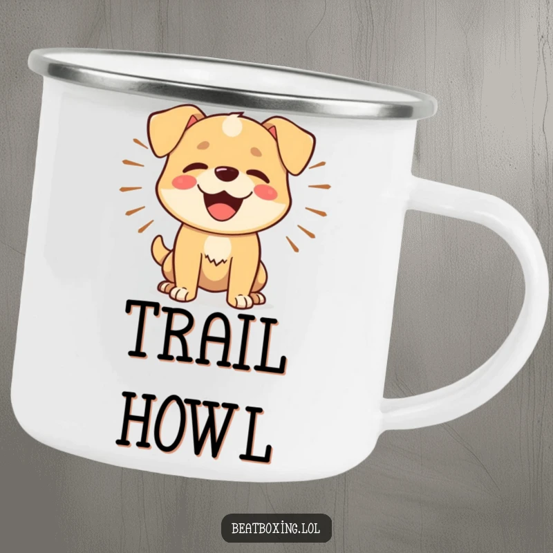 Funny Dog Barker Camping Mug: A durable mug for outdoor adventures featuring a happy dog barking rhythmically with sound waves.