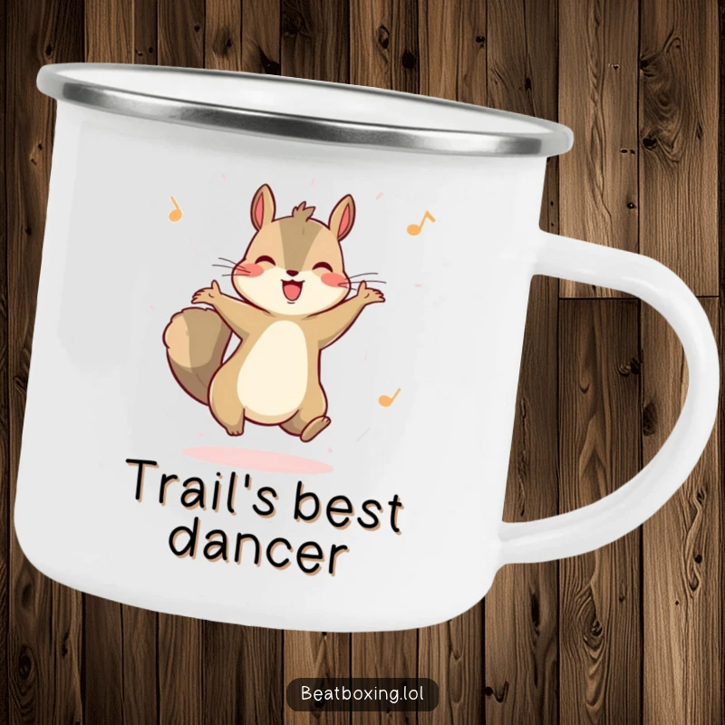 Funny camping mug with a happy squirrel energetically bouncing to an unheard rhythm. Sturdy and humorous for camping trips.