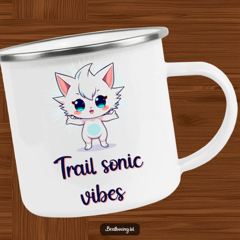 Funny Camping Mug showcasing an energetic character radiating sonic vibrations, perfect for outdoor enthusiasts.
