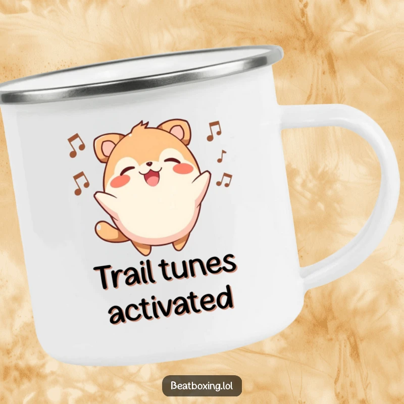 Funny camping mug featuring a round, smiling animal character beatboxing around a campfire.