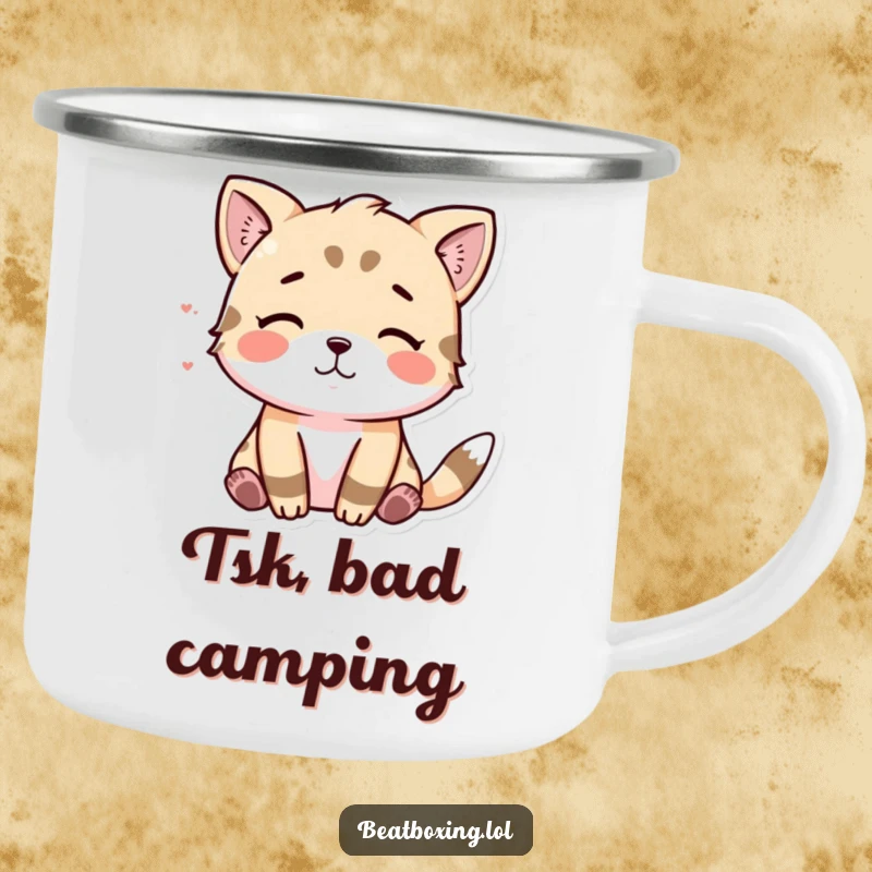 Funny camping mug with an animal character visually making a 'tsk' sound, for outdoor critics.