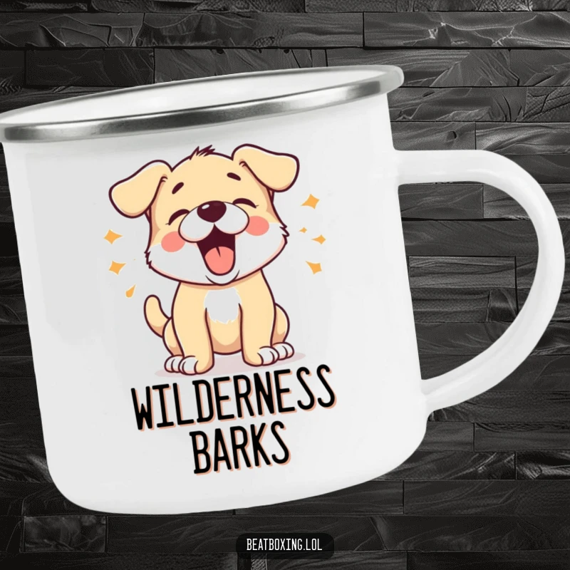 Durable Funny Barking Puppy Camping Mug featuring an energetic puppy character barking with percussive bursts, for outdoor adventures and cheerful mornings.