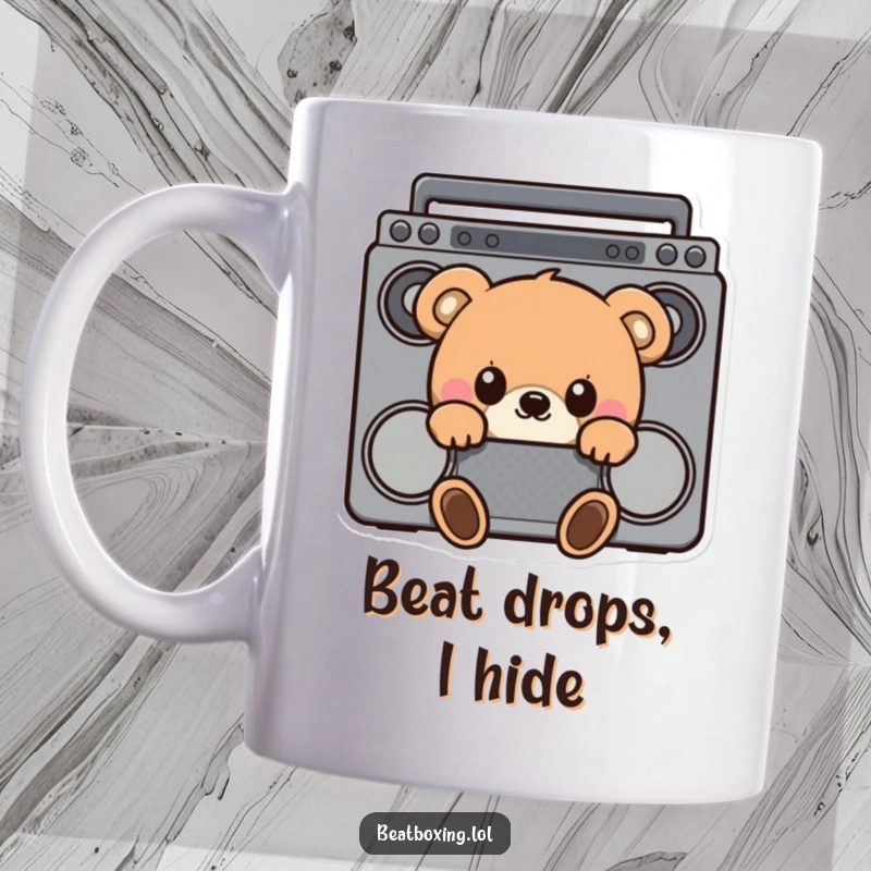 Funny mug with a curious bear hiding behind a boombox, peeking out with wide, innocent eyes, ready for a music adventure.