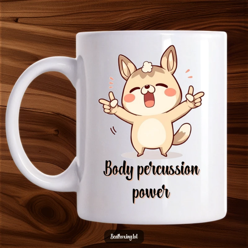 Funny mug with a determined animal character energetically pointing to body parts to make sounds.