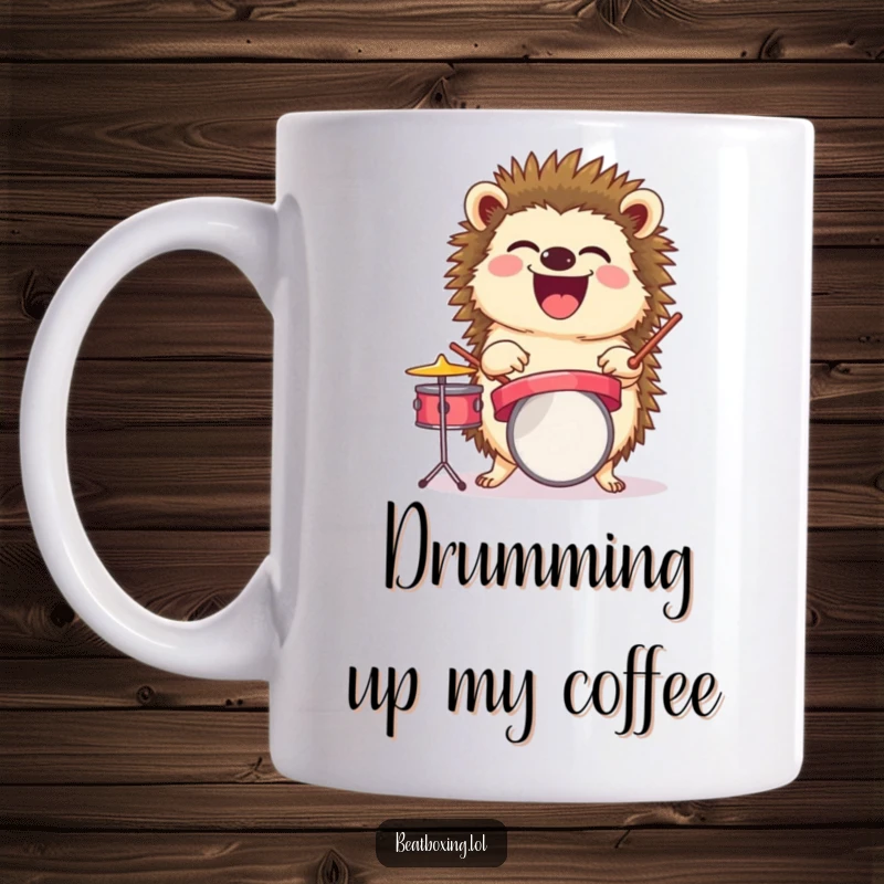 Funny mug of a laughing hedgehog balancing a tiny drum set with joyful enthusiasm, perfect for a humorous gift.