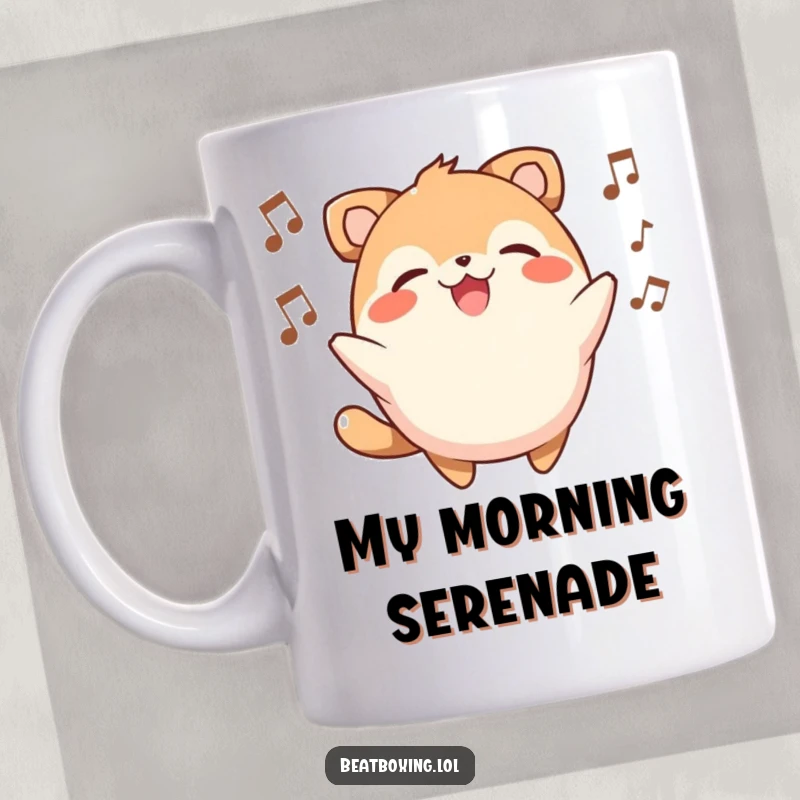 Funny mug with a round, smiling animal character joyfully beatboxing, adding vocalizations to a rhythmic beat.
