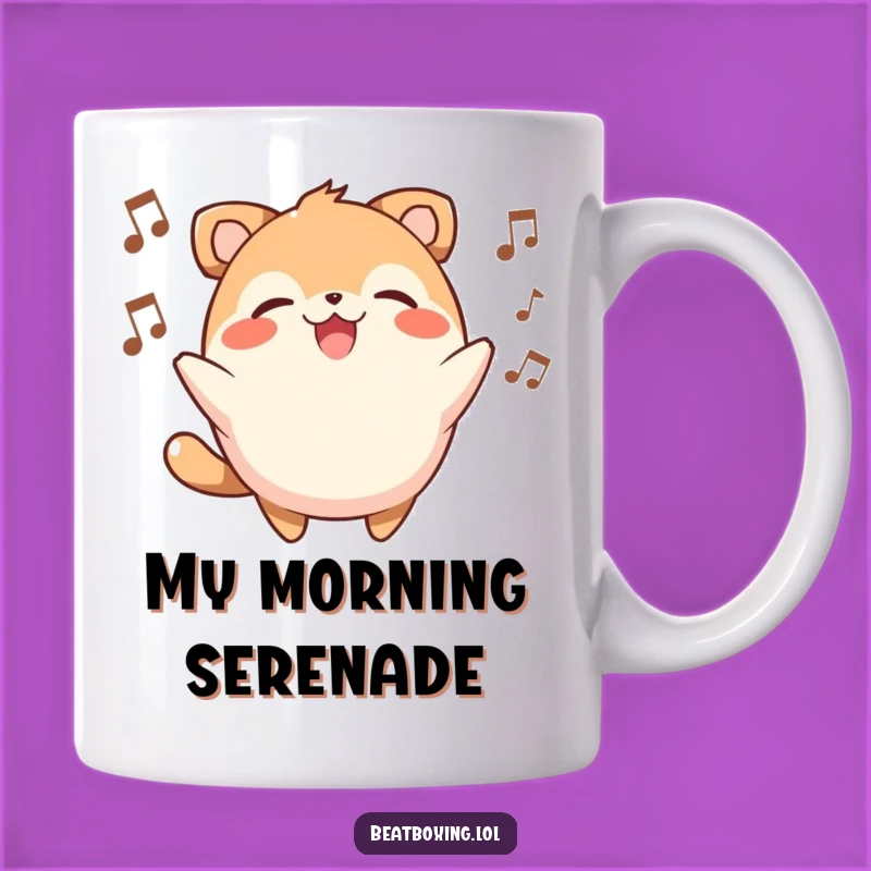 Funny Animal Beatboxer Mug: A Joyful Round Character Smiling While Making Music