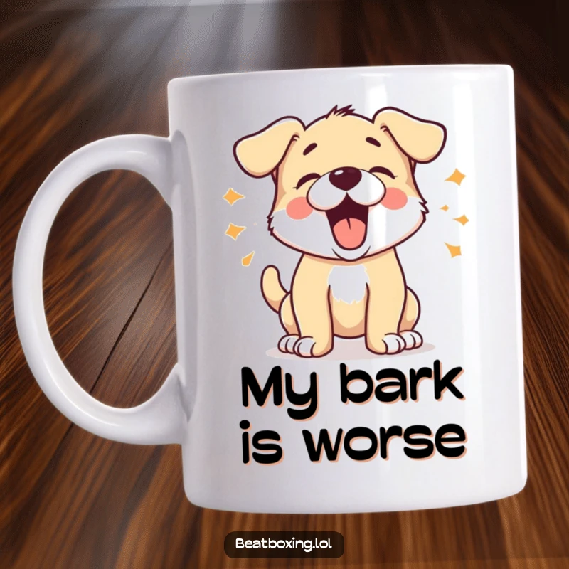 Funny Barking Puppy Mug showing an energetic puppy character barking in distinct short bursts, bringing percussive joy and humor to your morning.