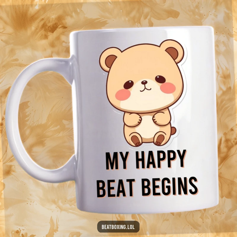Funny mug featuring a cute bear character bobbing its head with puffed cheeks, looking like it's grooving to its own beat.