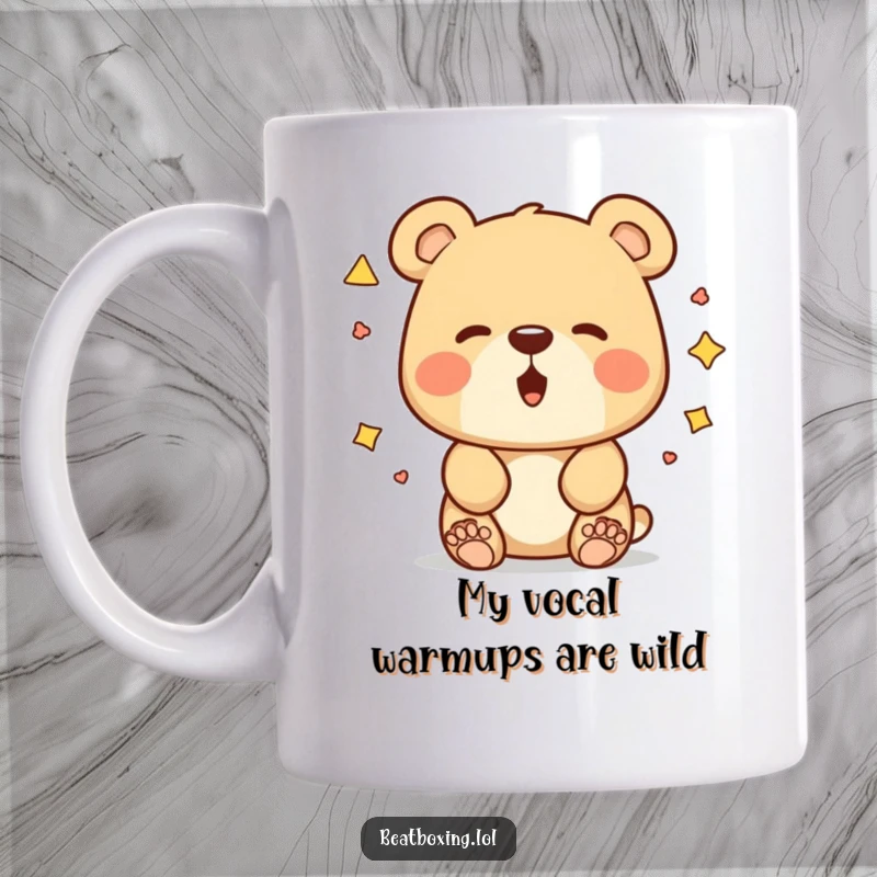 Funny bear mug showing a curious bear making different mouth shapes and sounds, a humorous gift for aspiring vocalists.