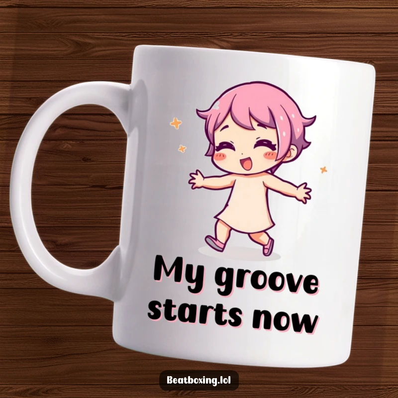 Funny Mug featuring a playful character with a joyful expression, body engaged in rhythmic dance moves, perfect for music and dance enthusiasts.