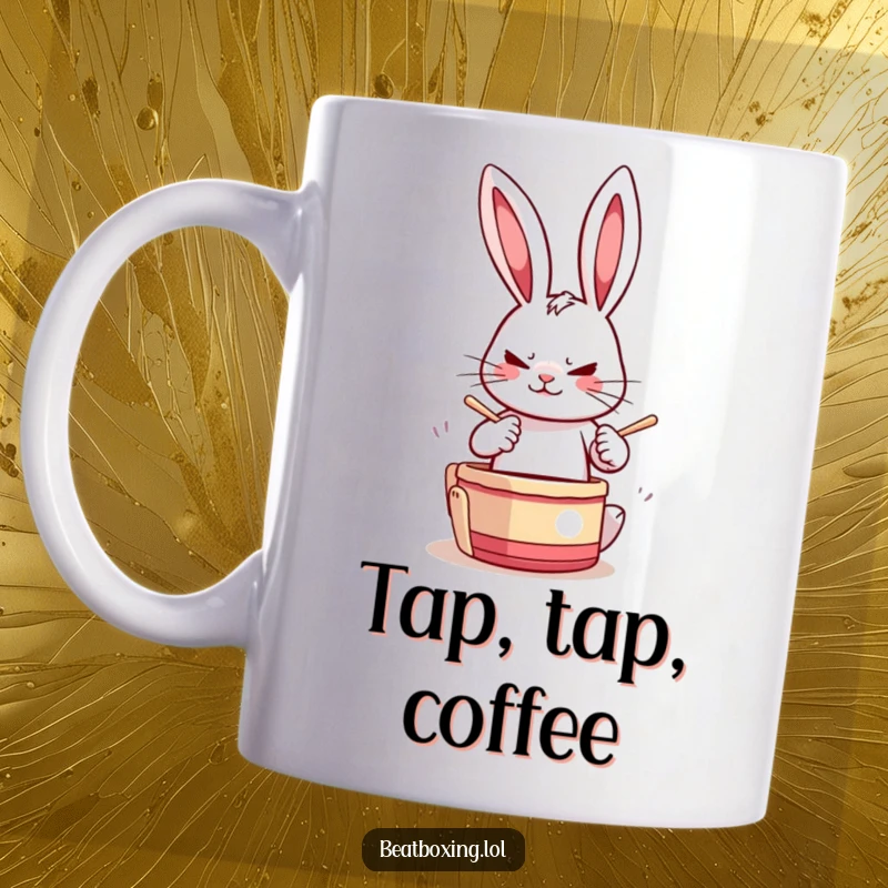 Funny Drumming Rabbit Mug showing a determined rabbit character drumming paws rapidly, bringing energetic and rhythmic humor.