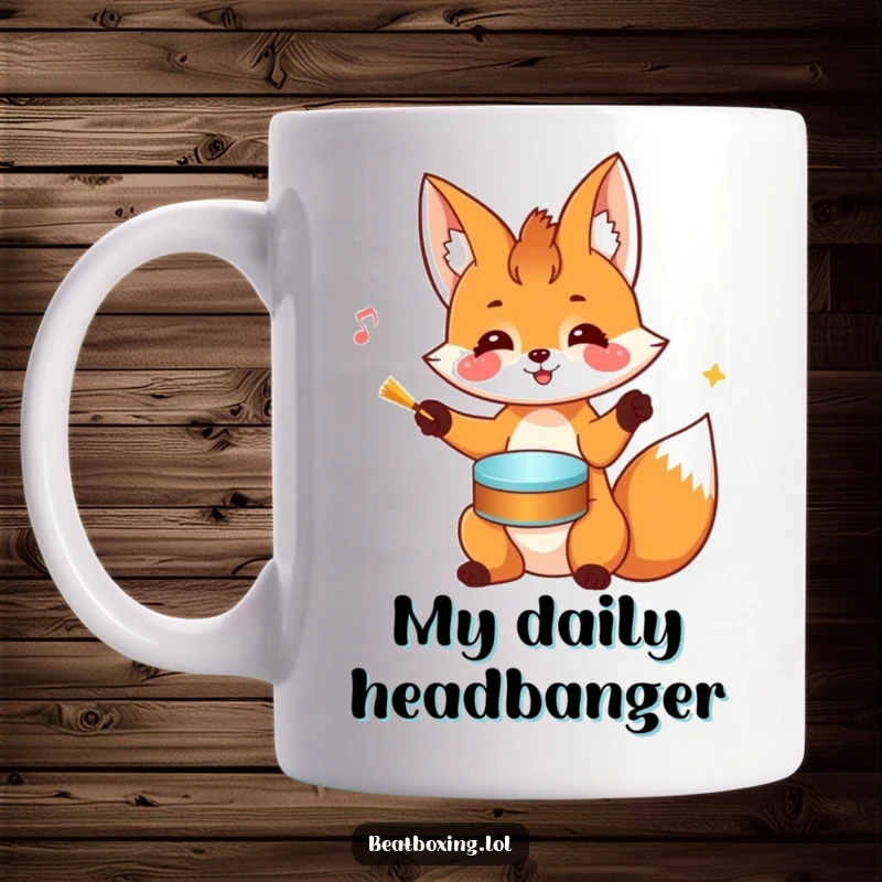 Funny Fox Mug: A cheerful fox rhythmically drums on its own head with its paws, creating a comical and energetic beat.