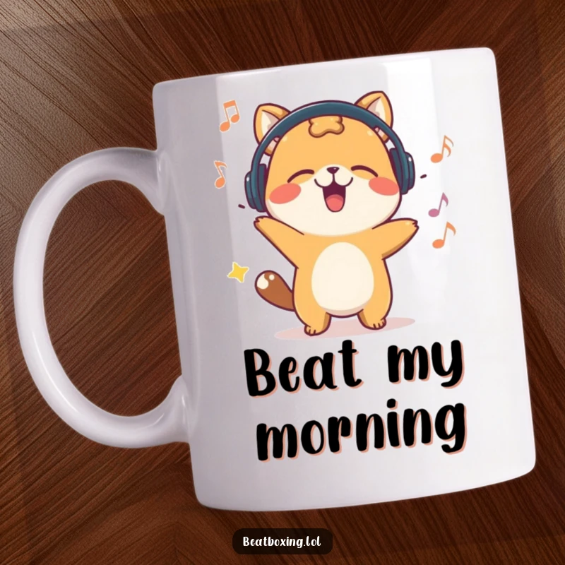 Funny mug with a happy animal character energetically bobbing its head to an unheard beat, radiating musical enthusiasm.