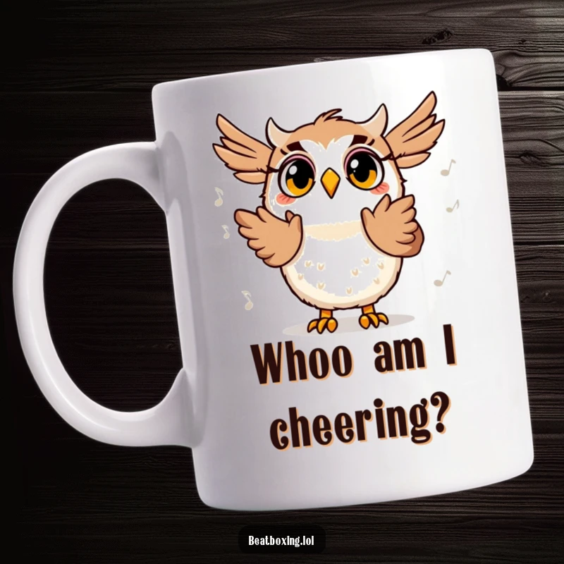 Funny mug featuring a surprised owl character excitedly clapping its wings to an unseen beat, eyes wide with delight.