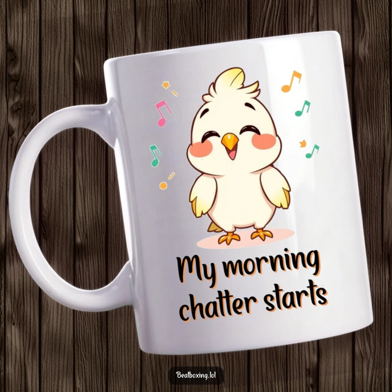 Funny mug featuring a giggling parrot character mimicking sounds with rapid-fire clicks and pops, looking mischievous and fun.