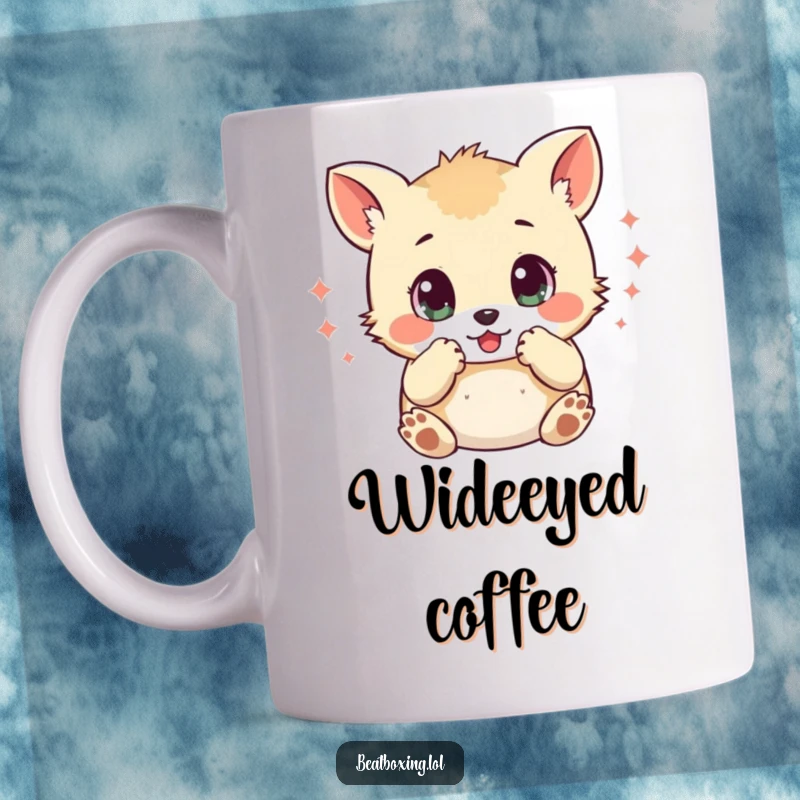 Funny mug with a small animal character, wide eyes, mimicking percussive sounds with its paws, showing intense focus and rhythm.