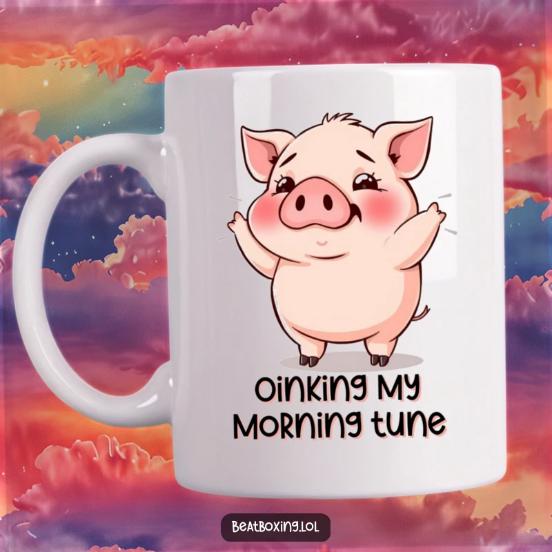 Funny Pig Bass Drop Mug: Plump pig grunting rhythmically, creating bass vibrations, perfect for music enthusiasts.