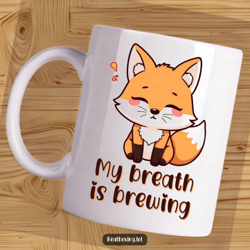 Funny Psshht Fox Mug featuring a determined fox character blowing air rhythmically, creating a soft psshht sound, perfect for a humorous coffee break.