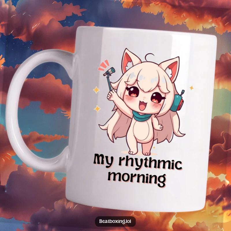 Funny Mug showcasing a character in a dynamic pose, appearing to move to an audible rhythm, capturing energy and music.