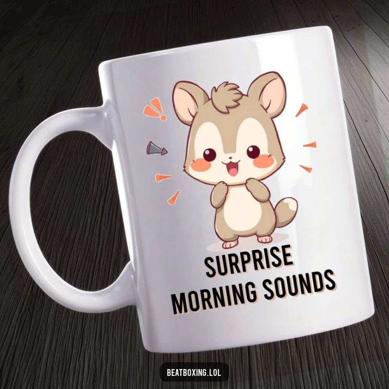 Funny mug with a curious animal character playfully experimenting with various sound effects.