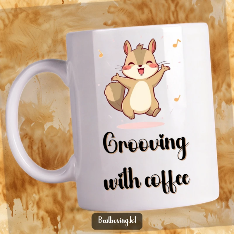 Funny mug with a happy squirrel bouncing to an unheard rhythm. Humorous animal design, perfect for a fun gift.