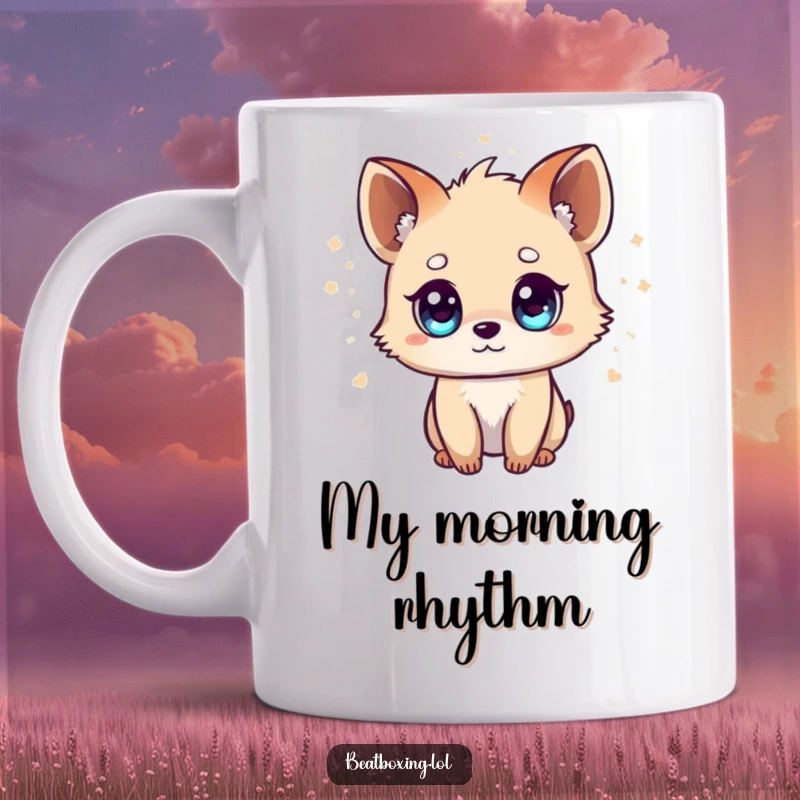 Funny Tiny Animal Mug: A small creature with bright eyes, visually representing music beats emanating outwards, full of lively energy.