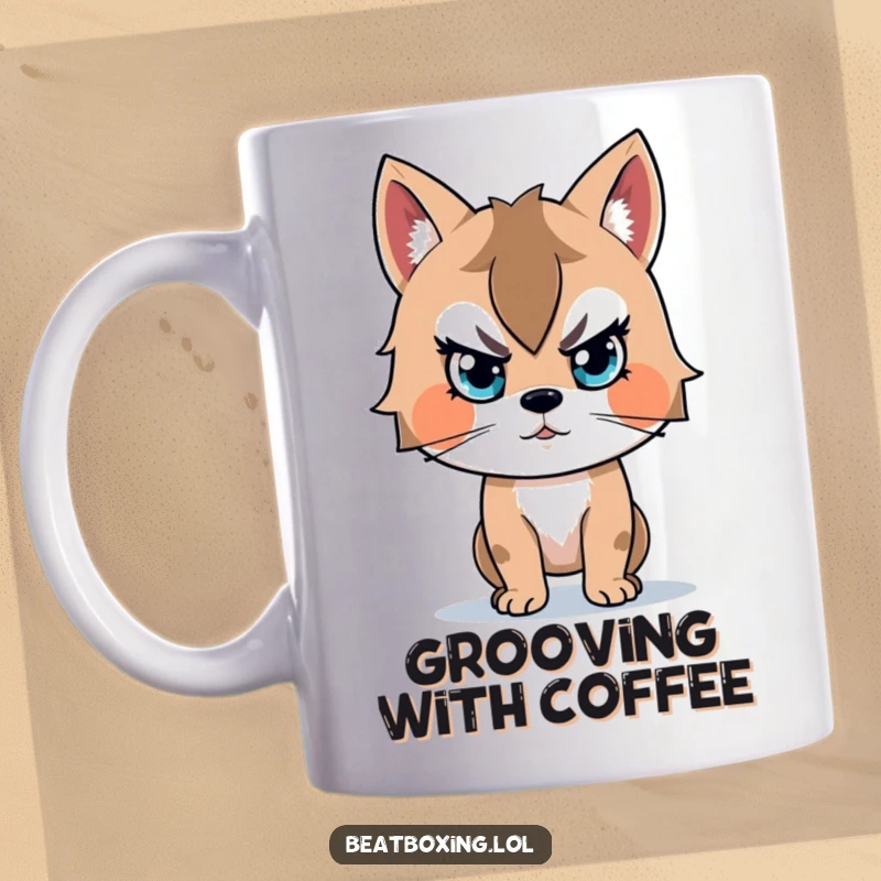 Funny mug featuring an animal character intensely focused on a beat, captured mid-groove with musical concentration.