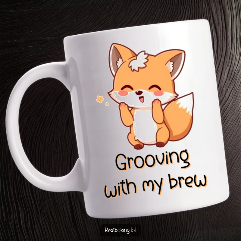Funny mug of a playful fox wagging its tail energetically and making beat motions with its hands, perfect gift.