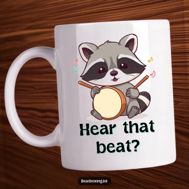 Funny raccoon mug showing a mischievous critter mimicking drum sounds with its paws, a hilarious percussionist.
