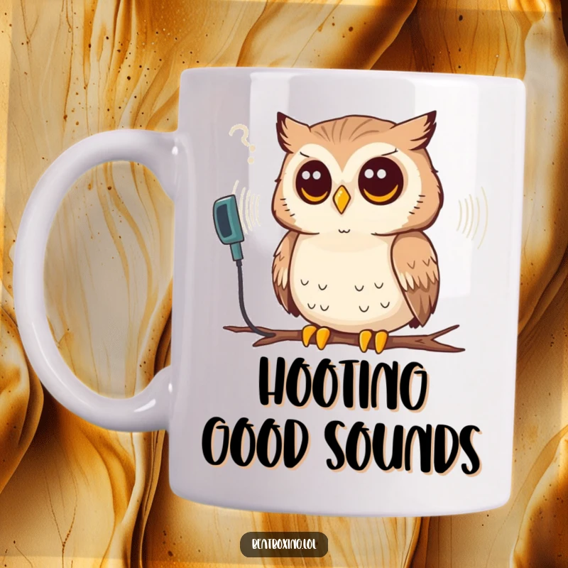 Funny mug with a thoughtful owl intently listening to a glowing synthesized sound wave, representing deep focus.
