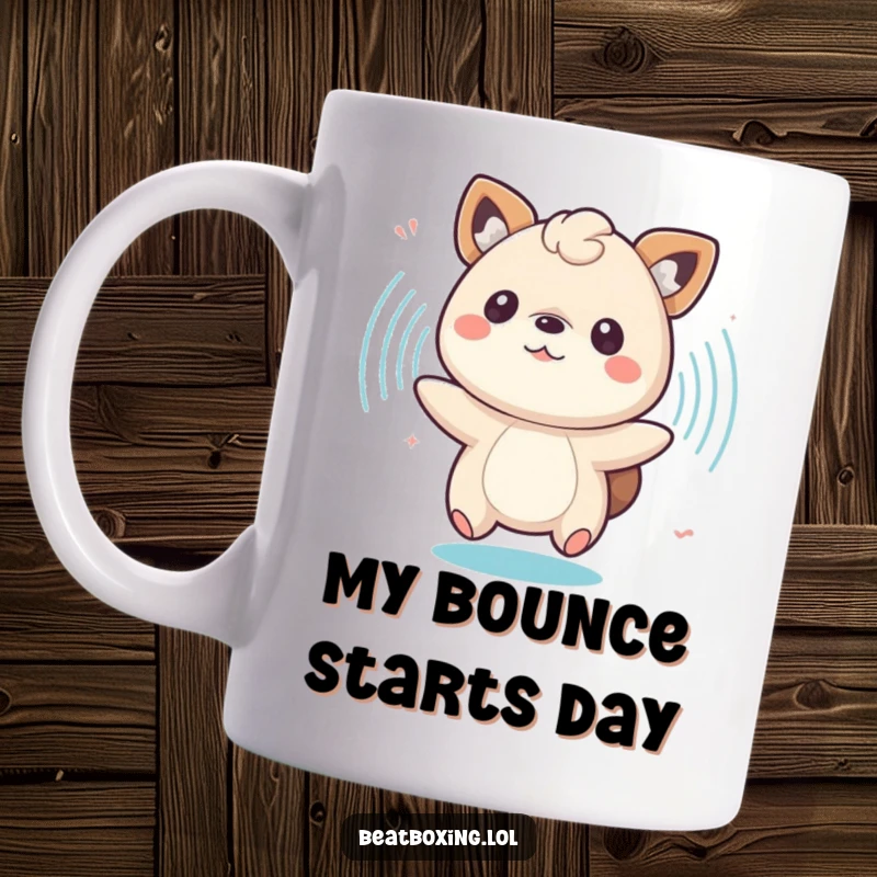 Funny mug showing a bouncing animal character radiating joy amidst dynamic, pulsing sound waves.