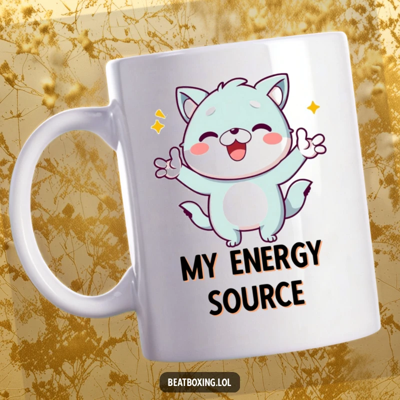 Funny Kawaii Animal Mug: A cute character in an energetic pose, hands making distinct, joyful gestures, perfect for a morning laugh.