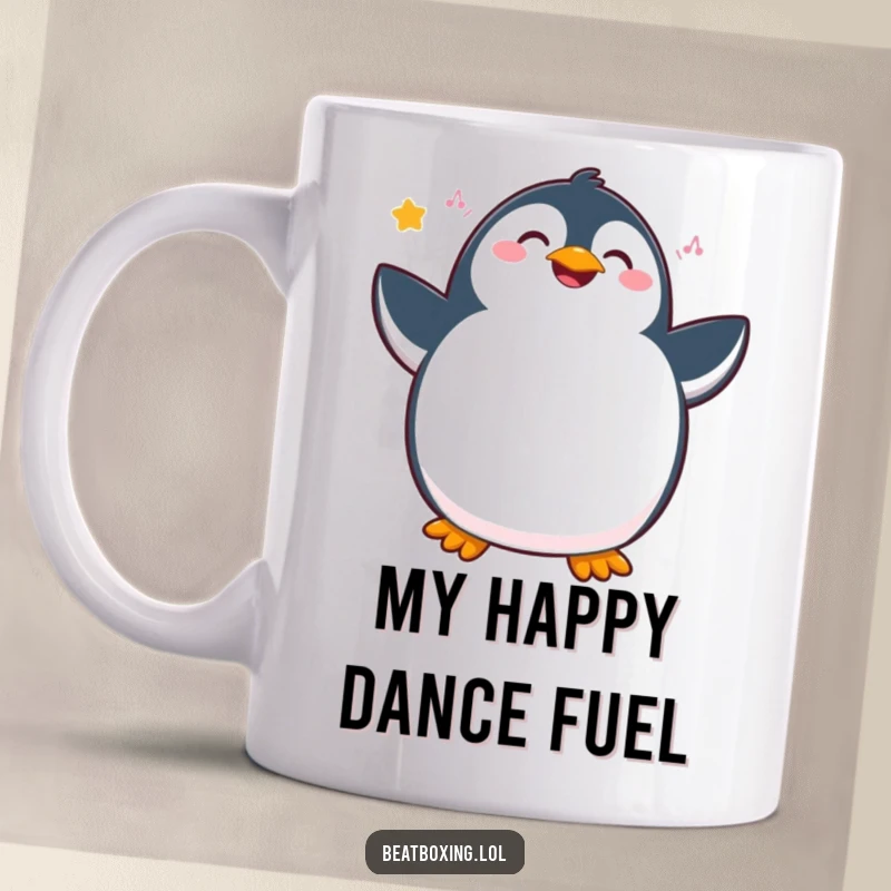 Funny penguin mug showing a joyous bird vibrating with internal rhythm and energetic hip movements, a hilarious dance.