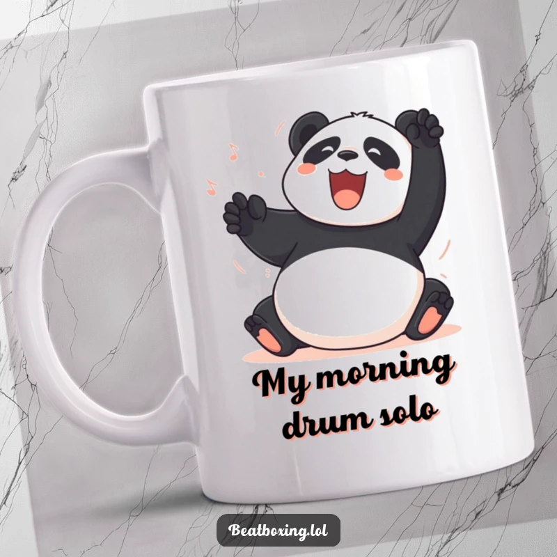 Funny Panda Mug: A jubilant panda joyfully slaps its large belly, creating percussive sounds, radiating pure amusement.
