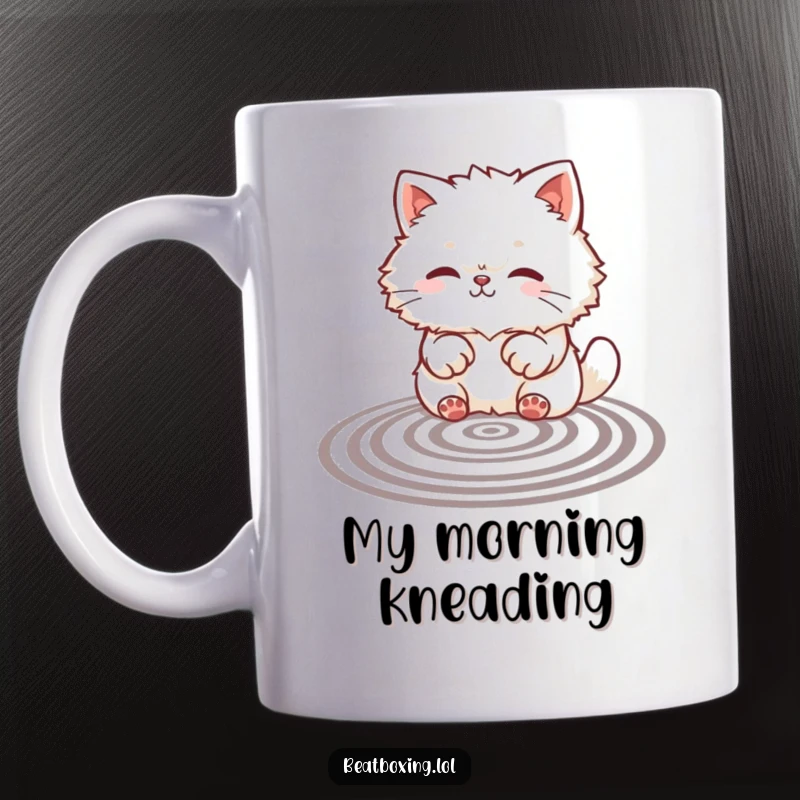Funny mug showing a fluffy cat creating rhythmic patterns with its paws on a surface, embodying cute and funny artistic expression.