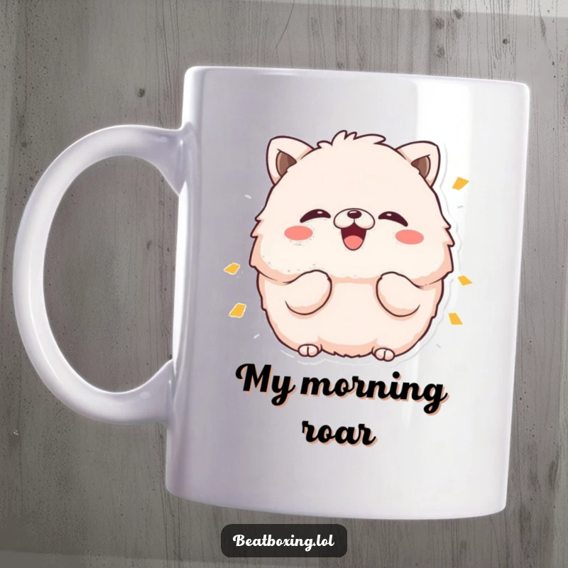 Funny mug with a fluffy animal character puffing cheeks and making a loud 'boom' sound, expressing explosive energy and humor.