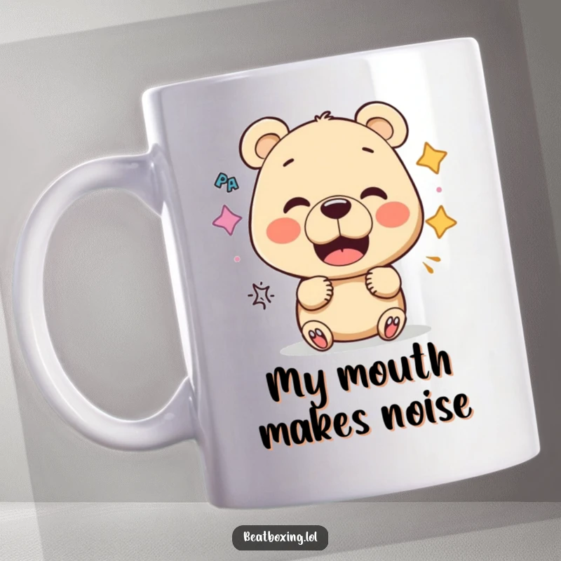 Funny Bear Vocalist Mug: A curious bear character is experimenting with funny mouth shapes to create unique sounds.
