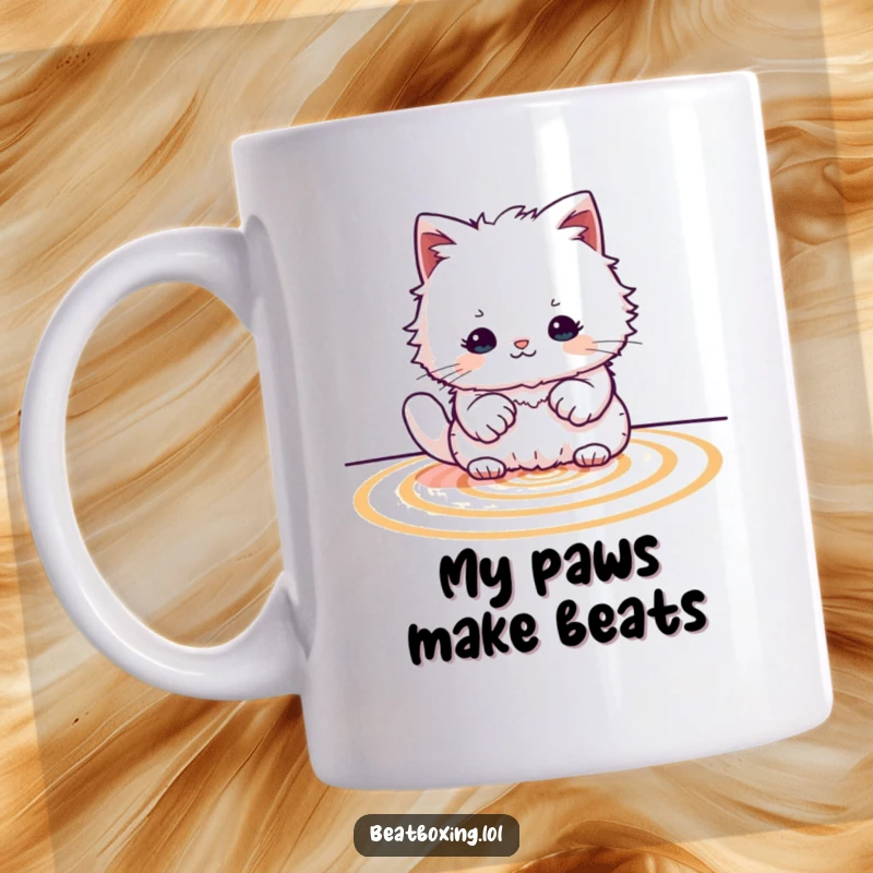 Funny Cat Drummer Mug: A fluffy cat character is enthusiastically producing rhythmic patterns with its paws on a surface.