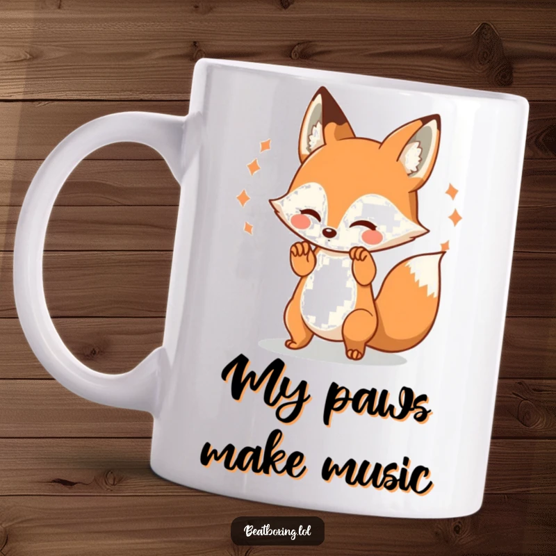 Funny Fox Mug: A joyful fox character enthusiastically beats its paws, creating vibrant visual pulses, perfect for music lovers.