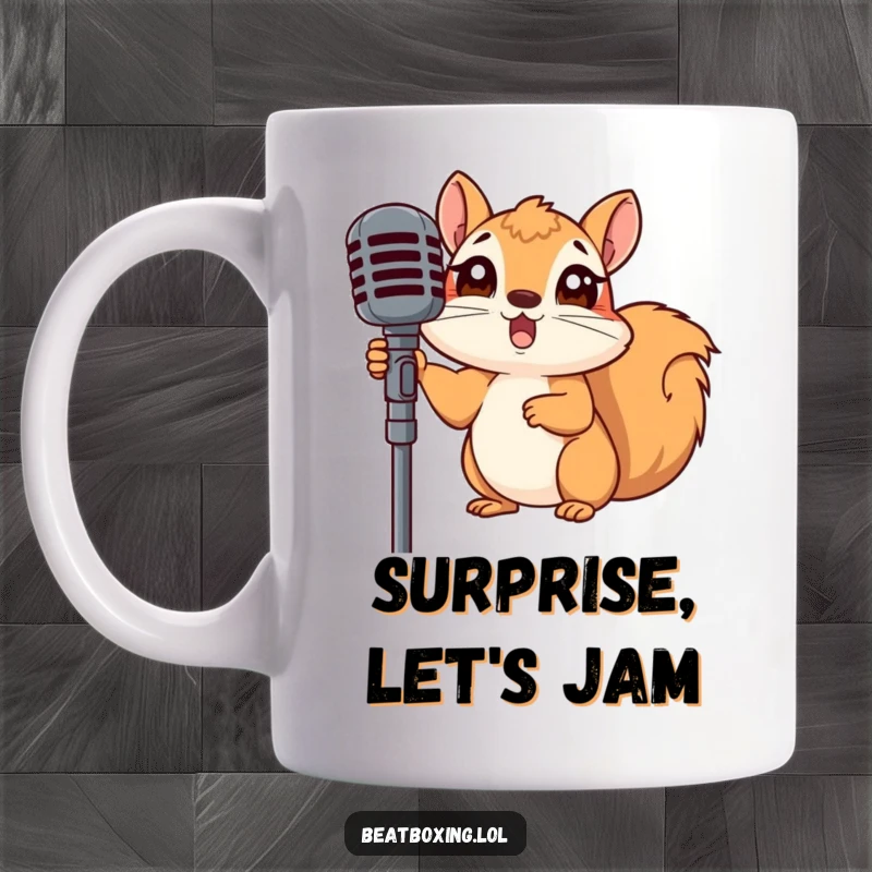 Funny mug of a squirrel looking completely surprised while peeking from behind a microphone stand, a hilarious gift.