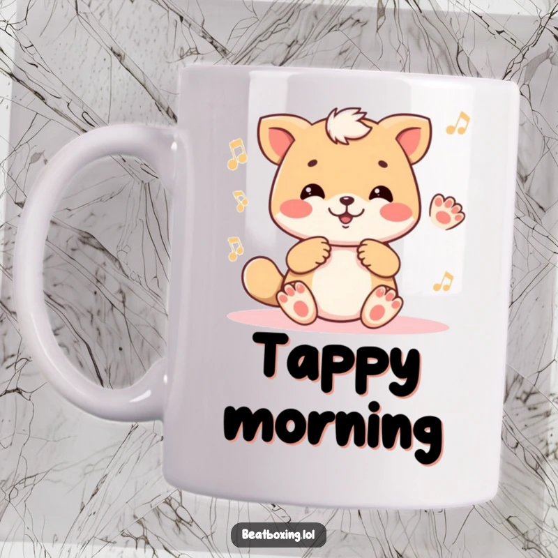 Funny mug showing a cute animal character enthusiastically tapping its paws in a rhythmic pattern, full of musical energy.