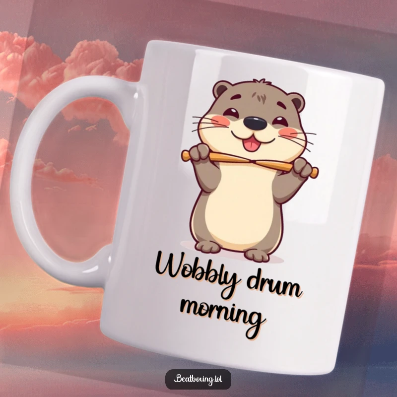 Funny mug with a cheerful otter balancing drumsticks precariously on its nose with visible, wobbly glee.