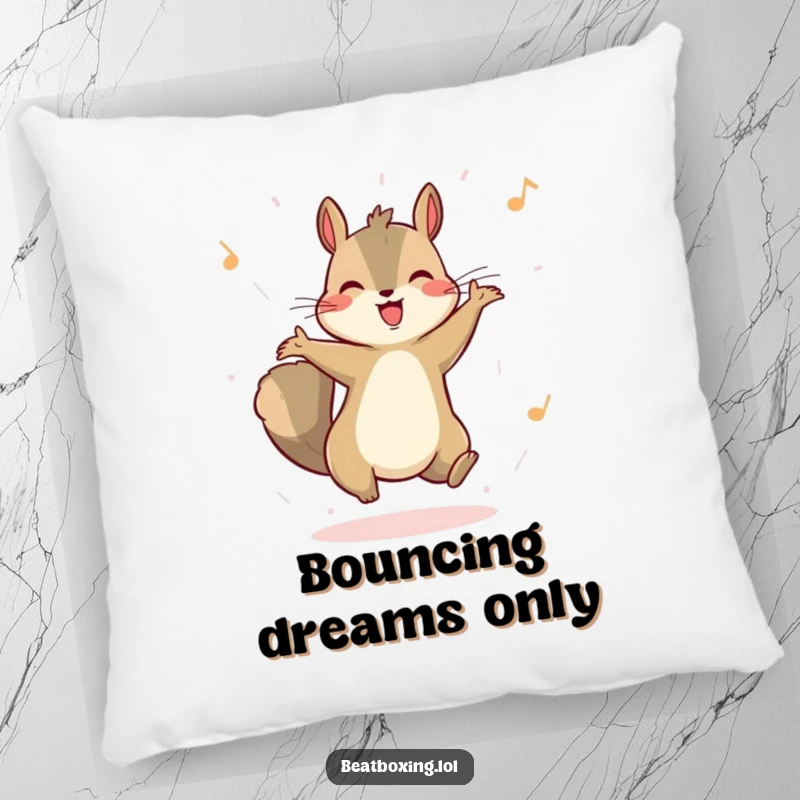 Funny pillow with a happy squirrel energetically bouncing to an unheard rhythm. Soft, decorative, and humorous home accessory.
