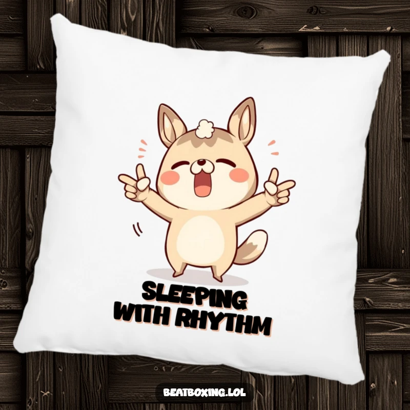 Funny pillow featuring a determined animal character pointing to its body to create sound effects.