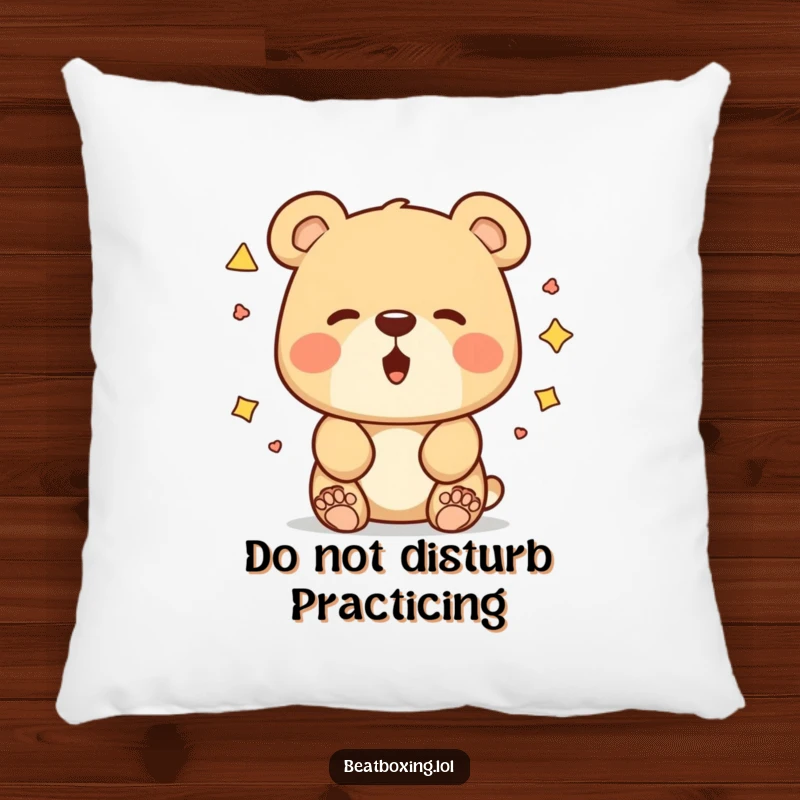 Funny bear pillow featuring a curious bear experimenting with different mouth shapes for sounds, a soft and humorous gift.