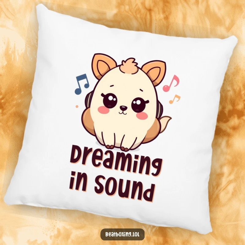 Funny Pillow featuring a cute animal character adorned with musical notes and emanating sound waves, perfect for adding comfort.