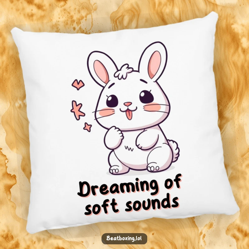 Funny kawaii bunny pillow, lips forming a 'K' sound rhythmically, soft accent cushion, perfect for decor.