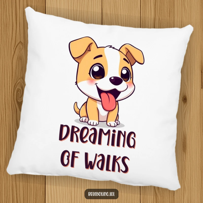 Funny pillow featuring an excited dog character actively barking with its tongue out.