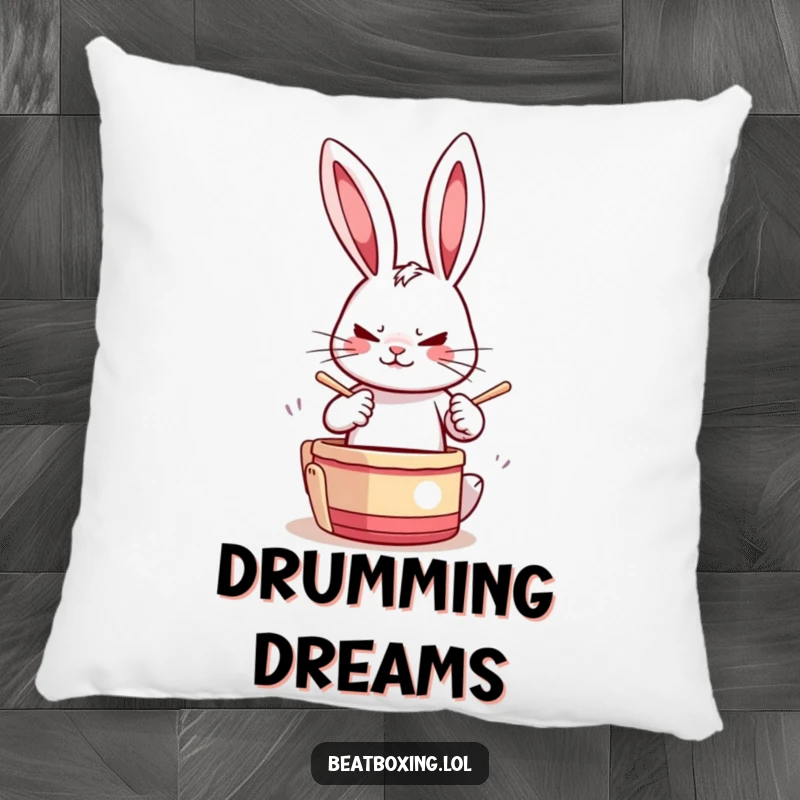 Soft Funny Drumming Rabbit Pillow showing a determined rabbit drumming paws rapidly, perfect for adding comfort and rhythmic cheer.